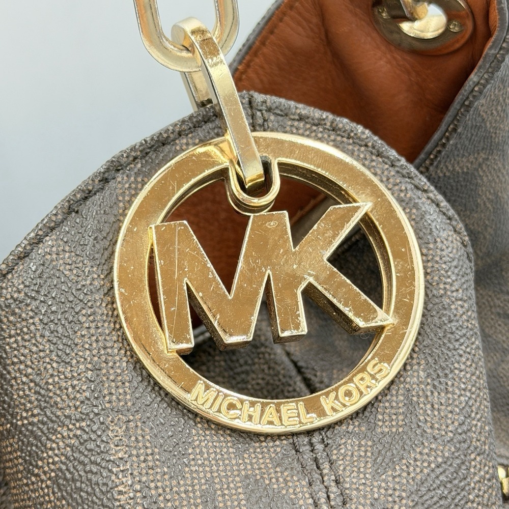 Michael Kors Fulton MK Monogram Hobo Bag Brown Chain Strap Shoulder Slouchy - Picture 5 of 16